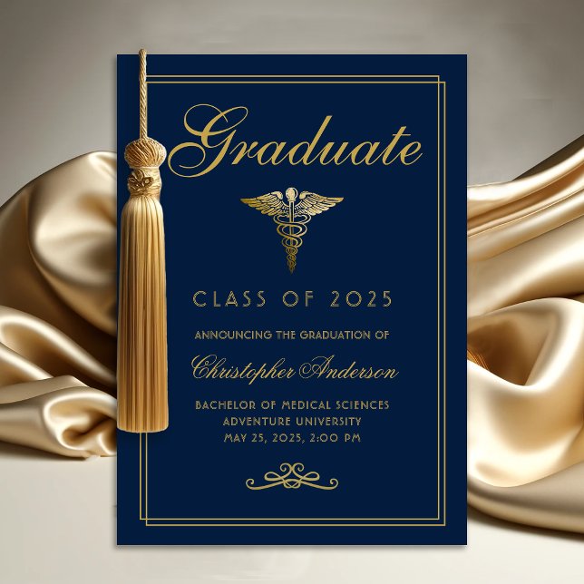 Faire-part Médicale Marine Blue Gold Caduceus College Graduat (Medical Navy Blue Gold Caduceus College Graduation Announcement)
