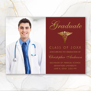 Faire-part Médicale Maroon Gold Caduceus Photo Graduation