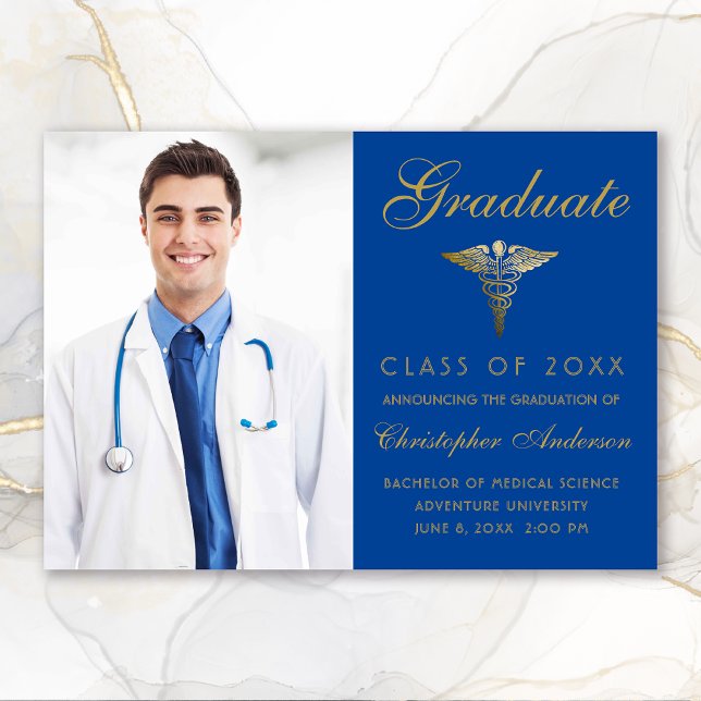 Faire-part Médicale Royal Blue Gold Caduceus Photo Graduation (Medical Royal Blue Gold Script Photo College Graduation Announcement)