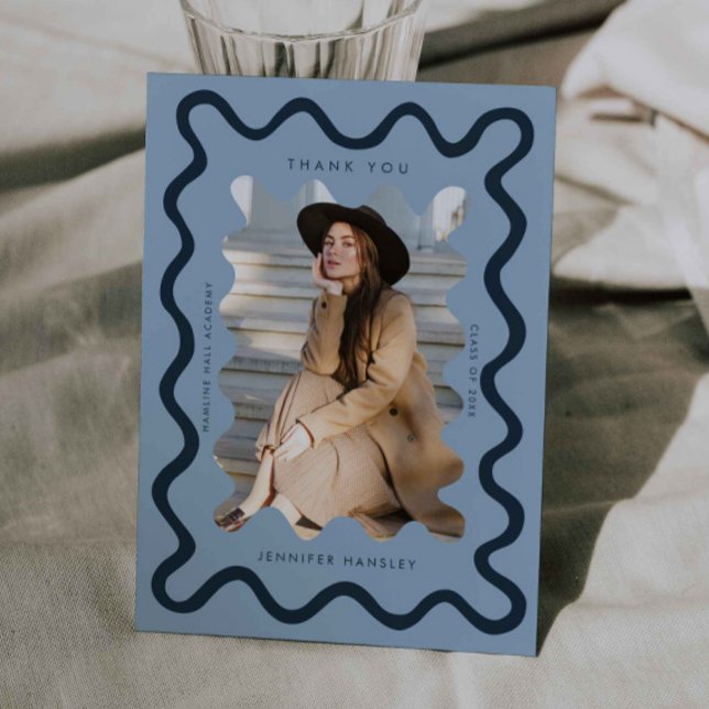 Faire-part Merci de graduation de la marine Blue Squiggly Wav (Créateur téléchargé)