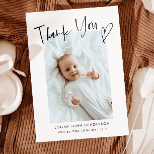 Faire-part Merci photo bébé Coeur Script Décontracté Naissanc