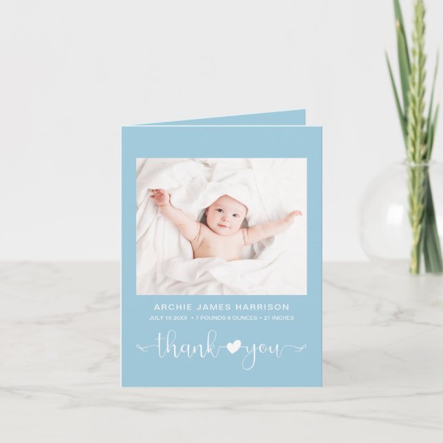 Faire-part Merci Photos Coeur Bleu Bébé Garçon Naissance (Devant)