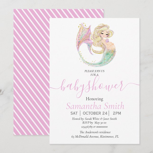 Faire-part Mermaid Baby shower Mère D'Être Invité (Devant / Derrière)