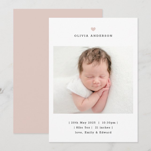Faire-part Minimalist Pink Heart Girl Birth Announcement (Devant / Derrière)