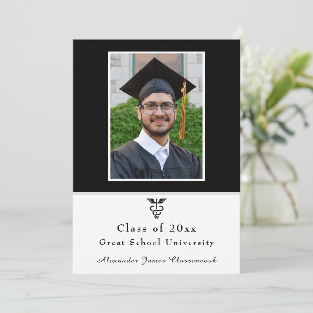 Faire-part Minimaliste Médicale Gradué moderne noir blanc (Debout devant)