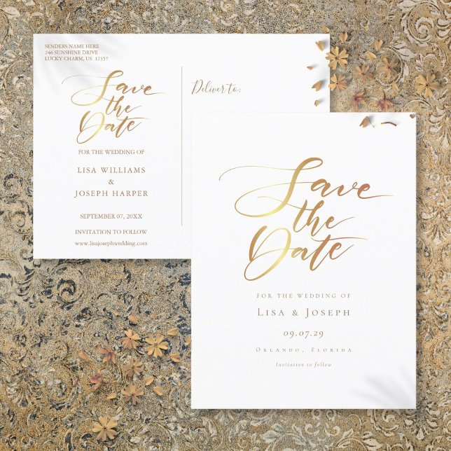 Faire-Part Minimaliste Or Script (Minimalist Gold Script Save the Date Announcement Postcard)