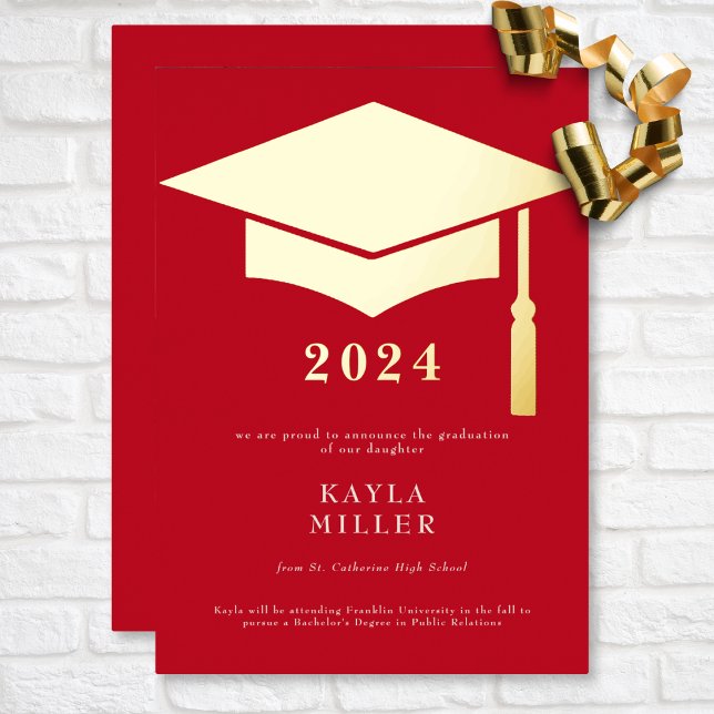 Faire-part minimum Red & White Gold Casquette Grad (Minimal Red & White Gold Cap Graduation Foil Invitation)