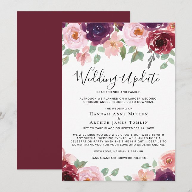 Faire-part Mise à jour pour un mariage plus intime Aquarelle  (Devant / Derrière)