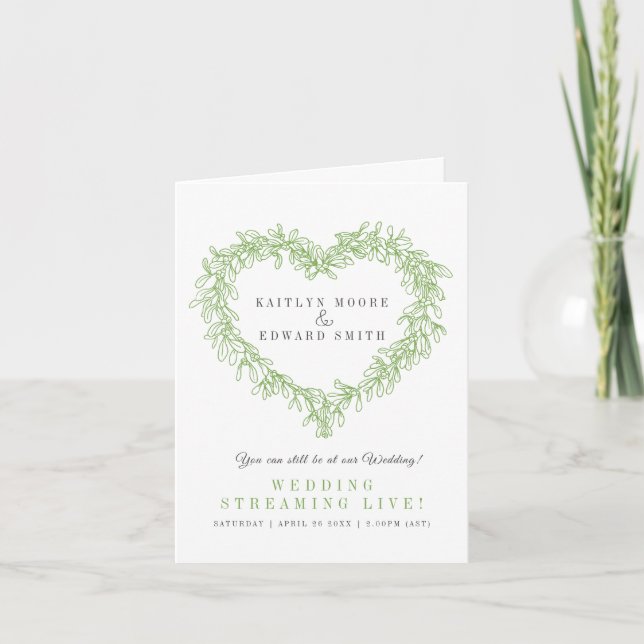 Faire-part Mistletoe mariage d'hiver vert blanc live stream (Devant)