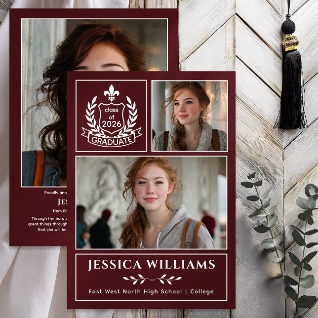 Faire-part Modern Laurels 3 Photo Class of 2026 Graduation  (Modern Laurels | Fleur de Lis Crest Graduate 3 Photo Graduation Announcement -Print | Digital - Wine)