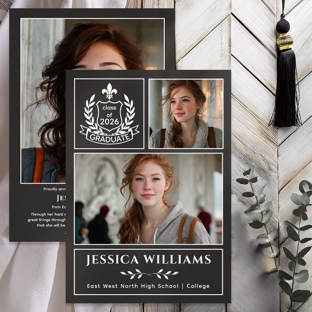 Faire-part Modern Laurels 3 Photo Class of 2026 Graduation  (Modern Laurels | Fleur de Lis Crest Graduate 3 Photo Graduation Announcement -Print | Digital - Gray)