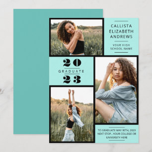 Faire-part Modern Minimal Mint Black Photo Grid Graduation