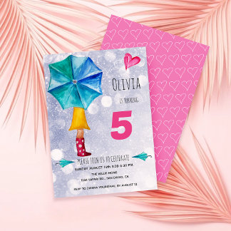 Faire-part Modern Pink Umbrella Girl Watercolor Illustration
