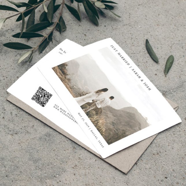 Faire-part Modern Simple QR Code Juste Marié Photo Mariage (Easily personalize this elegant, wedding announcement with your favorite photo, message, and QR code)