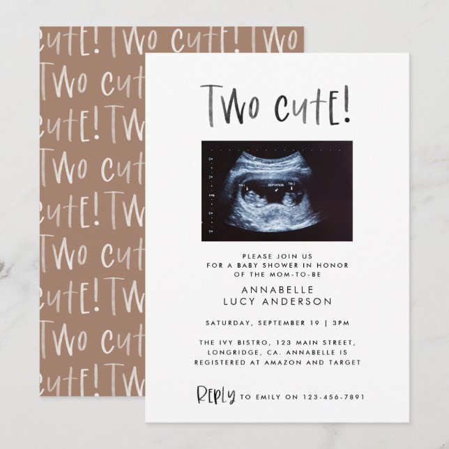 Faire-part Modern simple twin photo tan brown two cute birth (Devant / Derrière)