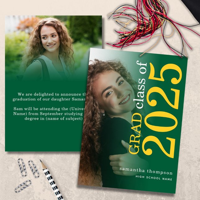 Faire-part Moderne 2 photo Jaune Vert 2025 Graduation (front and back page)