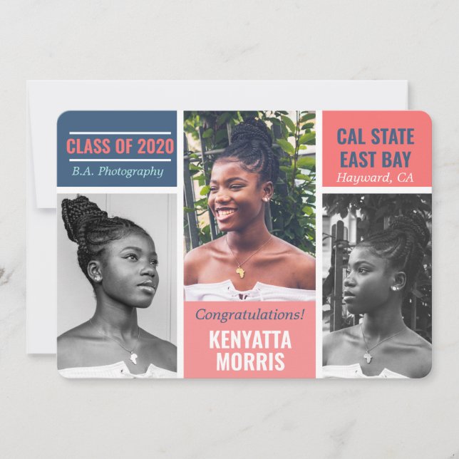 Faire-part Moderne 3 Photos Coral|Turquoise|Graduation Bleue (Devant)