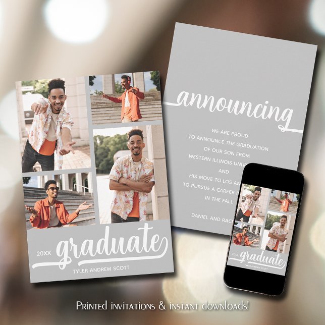 Faire-part Moderne 4 - Diplôme photo (Modern 4 photo silver-gray graduation announcements)