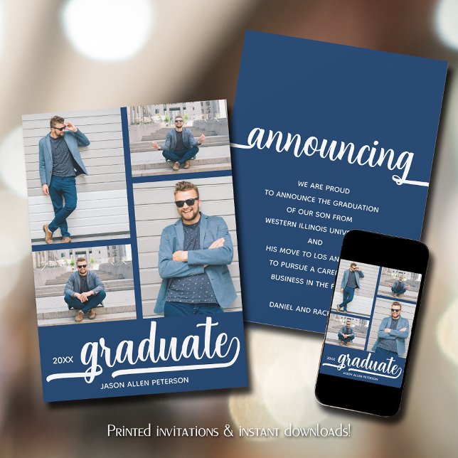 Faire-part Moderne 4 Photo Blue Graduation (Modern 4 photo collage blue graduation announcements)