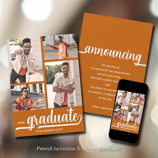 Faire-part Moderne 4 Photo Brûlé Orange Graduation (Modern 4 photo collage burnt orange graduation announcements)