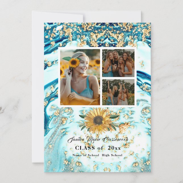 Faire-part Moderne 4 Photo Collage Bleu Tournesol graduation (Devant)