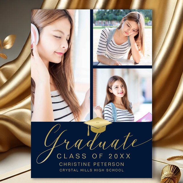 Faire-part Moderne 4 Photo Collage Script Navy Blue Graduatio (Modern 4  Photo Collage Navy Blue and Gold Graduation Announcement)