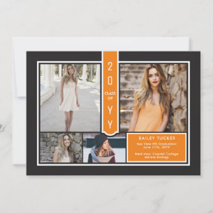 Faire-part Moderne 4-Photo College Orange et noir