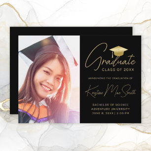 Faire-part Moderne Black Gold Script Photo College Graduation