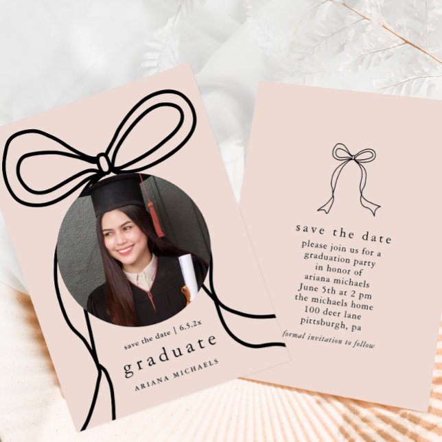 Faire-part Moderne Bow Blush Photo Graduation Enregistrer la  (Créateur téléchargé)