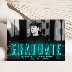 Faire-part Moderne Cyan Neon Photo Graduation