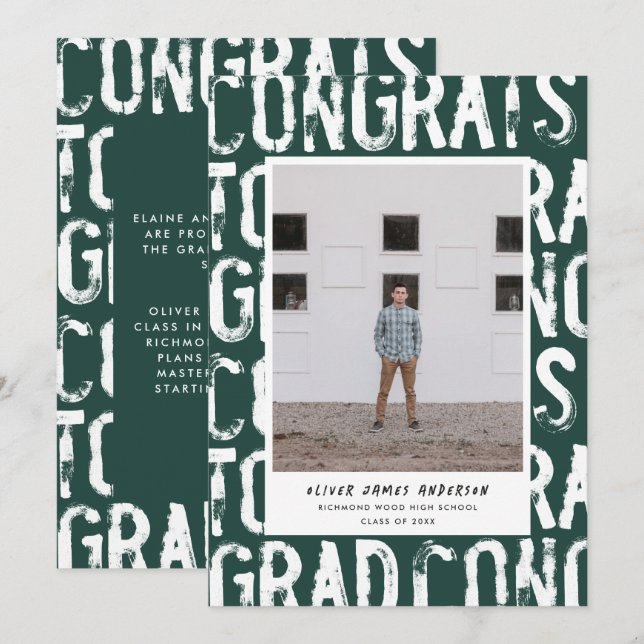 Faire-part moderne de graduation photo verte grung (Devant / Derrière)