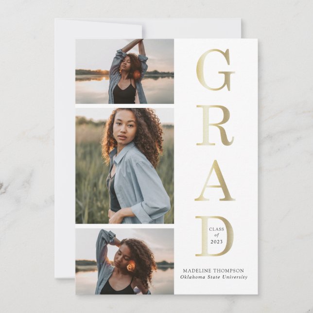 Faire-part Moderne Elegant Black White Gold 3 Photo Graduatio (Devant)