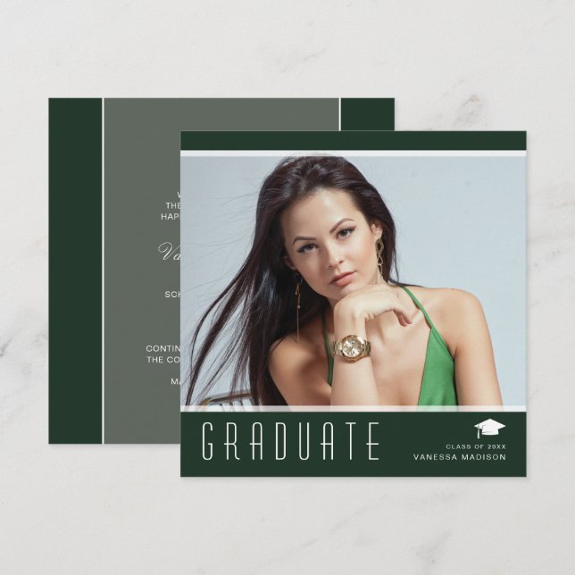 Faire-part Moderne Élégant Diplômé Élégant Photo Vert Blanc (Devant / Derrière)