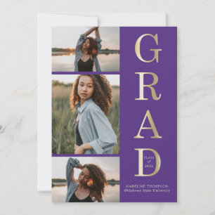Faire-part Moderne Elégant Purple Gold 3 Photo Graduation