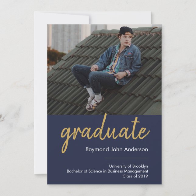 Faire-part Moderne Formal Blue Gold Graduate Script Graduate (Devant)