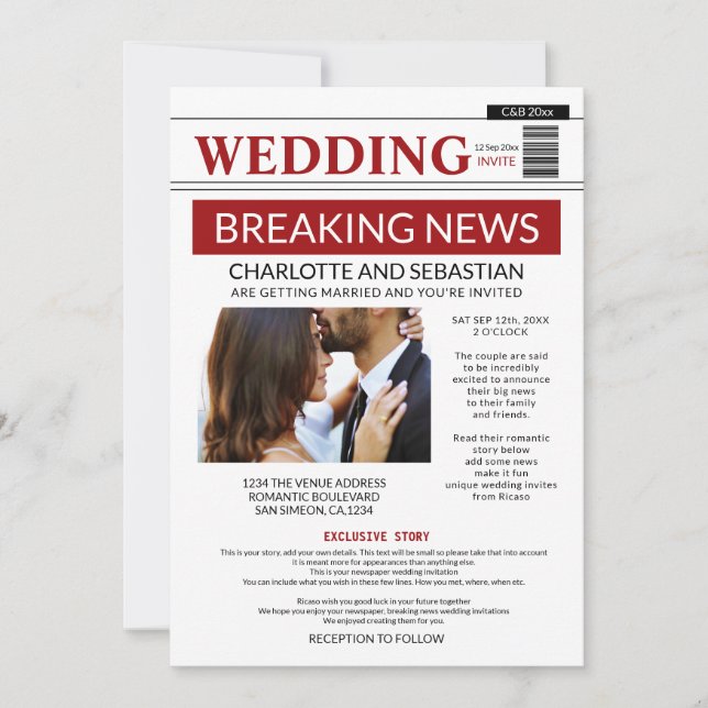 Faire-part Moderne Fun Breaking News Journal Mariage (Devant)