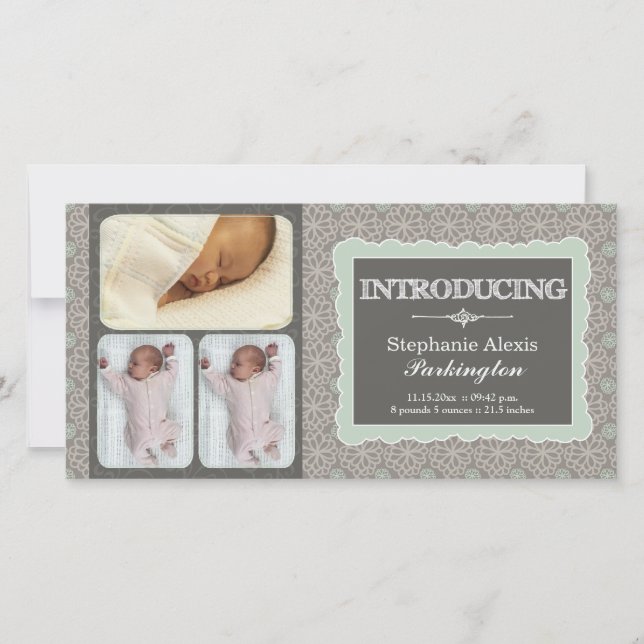 Faire-part Moderne gris turquoise fleurs photo bébé faire-par (Devant)
