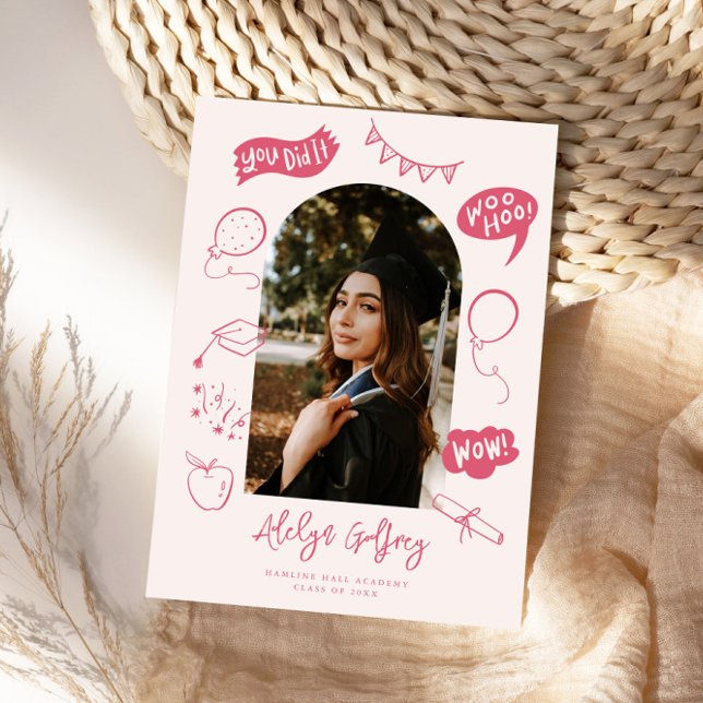 Faire-part Moderne Photo Doodle Graduation rose (Créateur téléchargé)