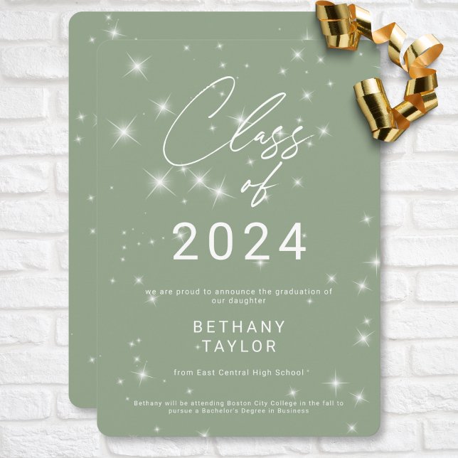 Faire-part Moderne Sage Vert & Blanc Éperche Graduation (Modern Sage Green & White Sparkle Graduation Announcement)