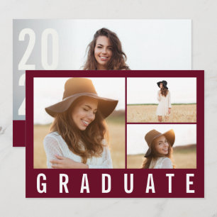 Faire-part Moderne simple 3 photo diplôme simple bordeaux