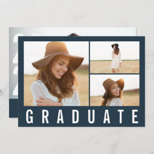 Faire-part Moderne simple 3 photo graduation simple bleu mari