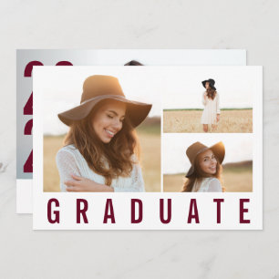 Faire-part Moderne simple 3 photo graduation simple bordeaux 