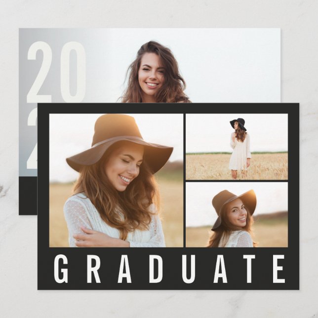Faire-part Moderne simple 3 photo graduation simple noir chic (Devant / Derrière)