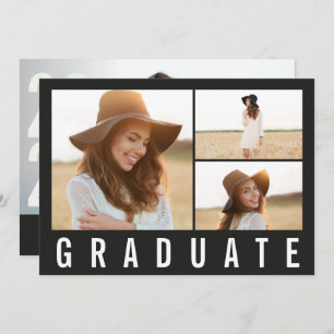 Faire-part Moderne simple 3 photo graduation simple noir chic