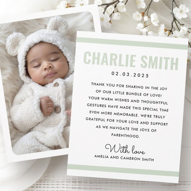 Faire-part moderne vert vert blanc nouveau bébé photo de nais (Modern sage green white new baby birth photo announcement)