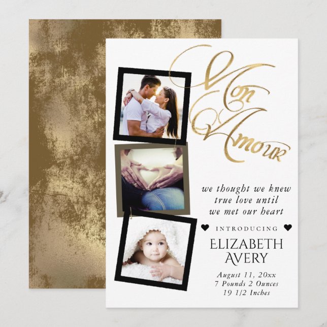 Faire-part Mon Amour | Gold Grunge Foil Bébé Naissance 3 Phot (Devant / Derrière)