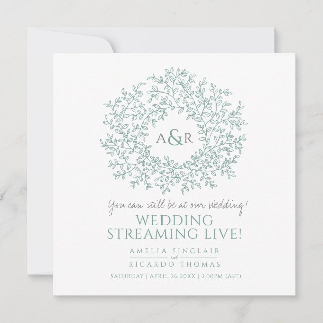 Faire-part Monogram feuilles vertes blanches mariage en direc (Devant)