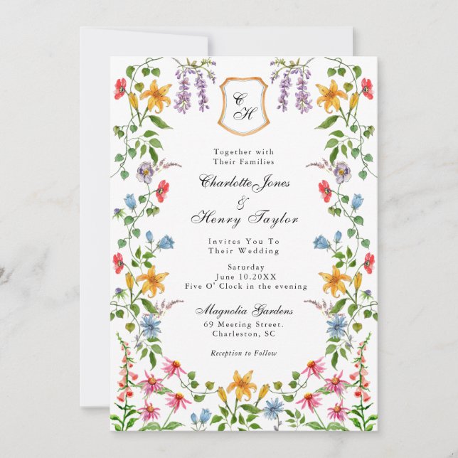 Faire-part Monogramme Anglais Jardin Floral Mariage (Devant)