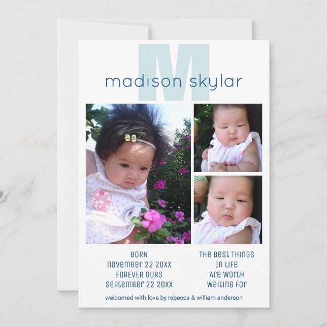 Faire-part Monogramme bleu Simple Adoption 3 Photo Collage (Devant)