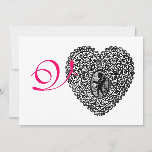 Faire-part MONOGRAMME DE COEUR DE LAINE CUPIDE, or fuchsia ro (Devant)
